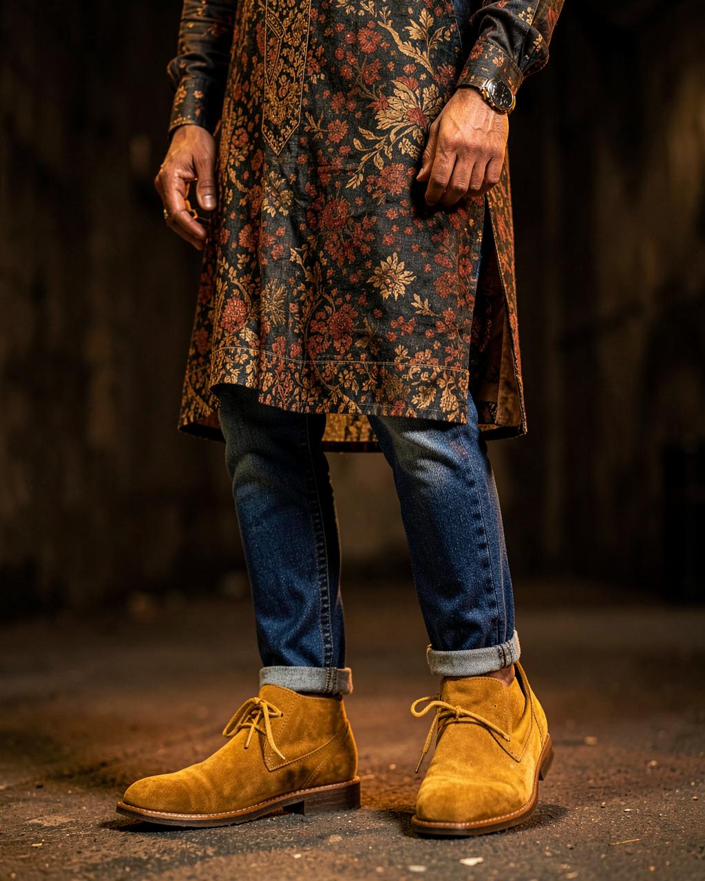 Men's tan suede Chelsea boots styled with a kurta and jeans