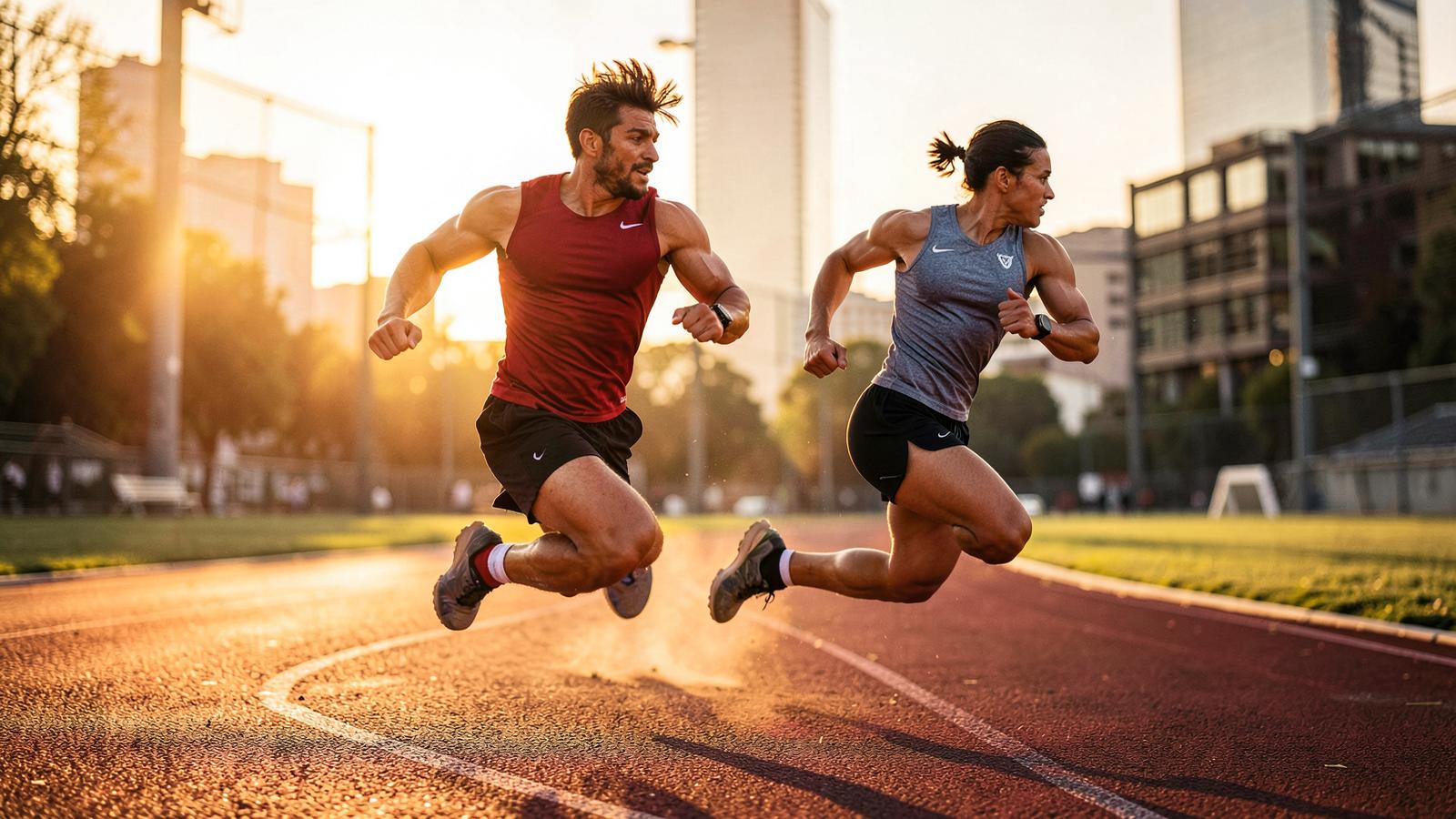 A man and woman sprinting on a city running track at sunrise in Stepora sports shoes