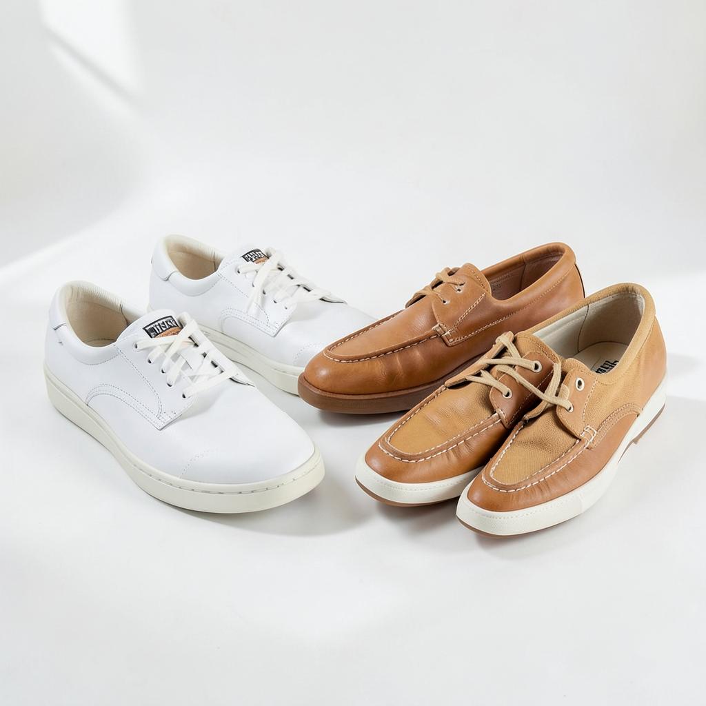 White leather sneakers and tan loafers from the Stepora western casual collection